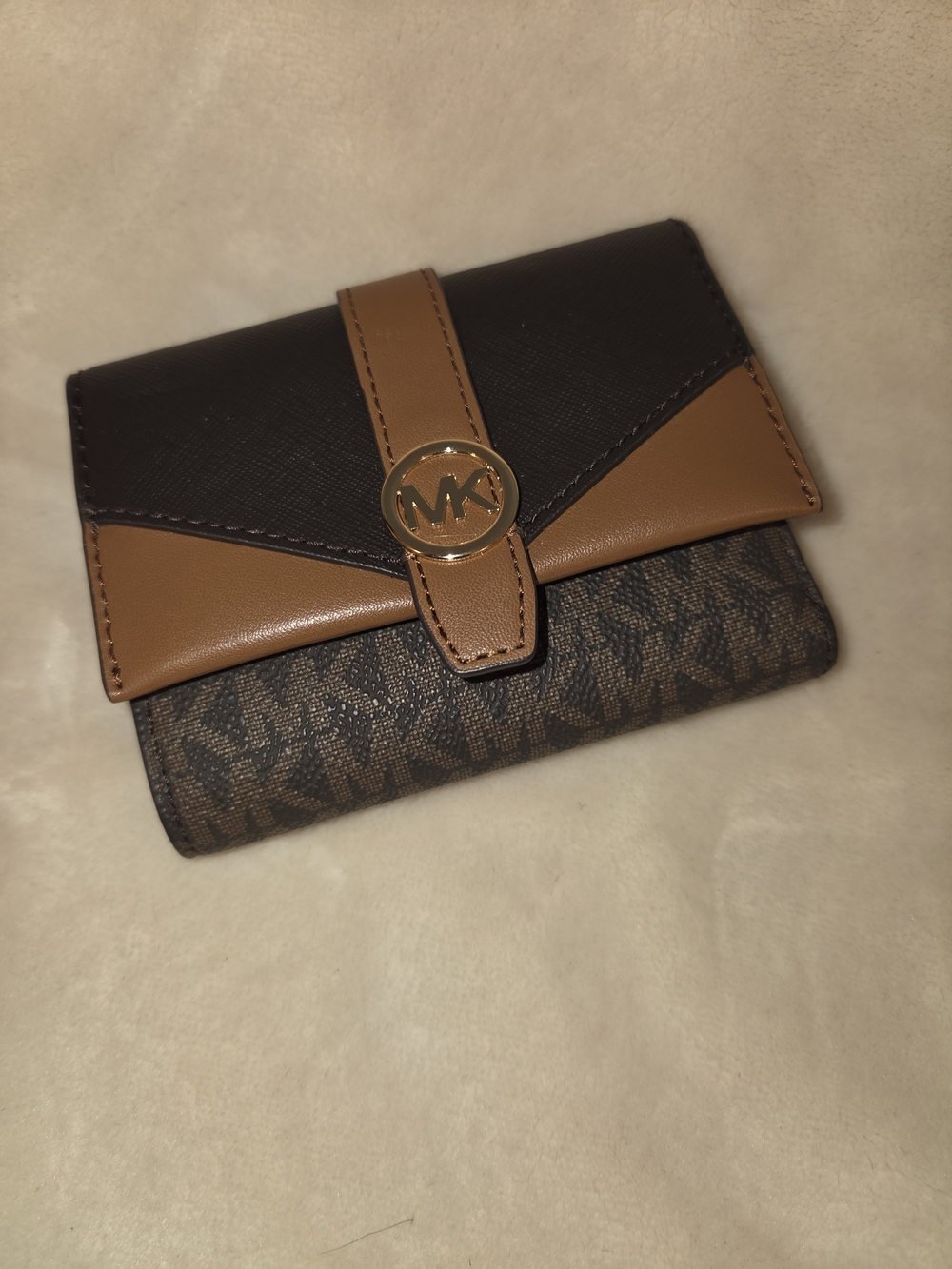 Michael Kors Black & Brown Signature Trifold Wallet with Gold MK Accent